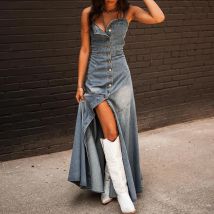 Vintage Casual Feste Tuch Denim Kleid Frauen Frühling Einreiher Split Langes Kleid Sommer Ärmellose Träger Cowboy Party Kleid