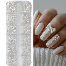 12 Griglie 3D Misto Perle Bianche Pendenti E Ciondoli Per Unghie 0.15-0.5mm Rotondo/Semicircolo Perle Unghie Artistiche Strass Accessori Per Manicure FAI DA TE