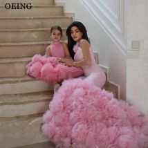 BOEING Baby Rosa Mutter und Tochter Meerjungfrau Kleid Prinzessin Foto Schießen Tiered Rüschen Tüll Kleid Robe Party Kleider Angepasst