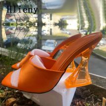 Hlieny Weibliche Kristall High Heels Hausschuhe 2026 Neue Seidige Breite Band Peep Toe Lässig Dias Flip-Flops Schuhe Frau Pumpen Sandalen