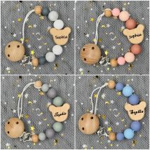 Benutzerdefinierte Name Holz personalisierte Baby Schnuller Kette Clip Silikon Perle Schnuller Nippel Halter mit Namen Beißring Anhänger Neugeborenen Geschenk