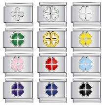 Einfachheit, bunt, rot, grün, gelb, blau, vierblättriges Kleeblatt, italienischer Charm-Link, passend für 9 mm Edelstahl-Armbänder, DIY-Perlen