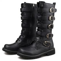 Herren Leder Motorradstiefel Mittelkalb Stiefel Gothic Gürtel Rock Punk Schuhe Outdoor Schwarz Casual Boot Winter Große Größe Herren Stiefel