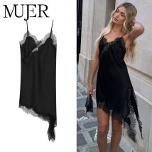 MUJER 2025 Koronkowa sukienka na ramiączkach Kobieta Czarne krótkie sukienki bez pleców dla kobiet Asymetryczna sukienka letnia damska Satynowe seksowne sukienki