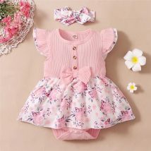 0-18 Monate Baby Mädchen Blumen Stram pler Kleid Fliegen ärmel Sommer gerippten Overall mit Stirnband Neugeborenen Baby schöne 2 Stück Outfit