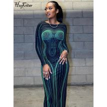 Hugcitar Gestreifter Druck Langarm Durchsichtig Sexy Figurbetontes Maxikleid 2024 Winter Damen Y2K Abendparty Festival Kleidung