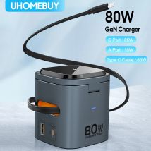 80W 6-in-1 GaN Charging Station Wireless Adapter With Type C PD 60W Retractable Charging Cable Fast Charger for iPhone Laptops