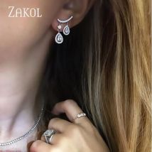 ZAKOL Persönlichkeit Zirkonia Doppel Tropfen Baumeln Ohrringe für Frauen Hochzeit Abendessen Jahrestag Geburtstag Geschenk Schmuck FSEP2388