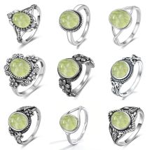 925 Sterling Silver Natural Prehnite Rings 8*10mm Oval Shape Flower Design Gifts Fine Jewelry Green Stone Ring For Women