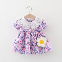 Sommer 2-teiliges Set Mädchen Kleid Tasche Baby Mädchen Spitze großes Revers Graffiti Blumendruck Kleid über dem ganzen Körper
