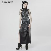 PUNK RAVE Damen Cyber Digital bedrucktes Future Felling Sexy Kleid Punk Metallnieten V-Ausschnitt Split Sommerkleidung für Frauen