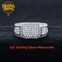 MossanRappr Moissanite Rings for Women Men Real 925 Sterling Silver Jewelry Iced Out Hip Hop Ring High Quality for Birthday Gift