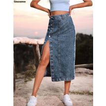 Damen hoch taillierter gewaschener Knopf vorne Jeans langer Rock eine Linie Maxi Bleistift rock in seitlich geteilter Saum dehnbarer blauer Jeans rock