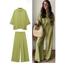 HH Frauen Casual Solide Bluse Hose Sets Lose Langarm Revers Shirts Elastische Taille Breite Bein Hosen Büro Dame Anzug