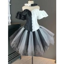 Black White Clown Dress Mesh Princess Dress Halloween Joker Cosplay Costume Ghost Bride Festival Women Outfit Gothic Clothing