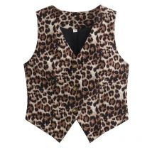 HXAO Leopard Lady Vests Vintage Cropped Sleeveless Vest Women Outerwears Animal Print Women's Suit Vest V Neck Casual Waistcoat