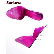 Surkova Hologramm schillernde fuchsia rosa Hausschuhe mit Keilabsatz, Lackleder, Slip-on-Sommersandalen, Spiegelleder, Partyschuhe