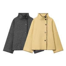 2025 New Women Wool Jacket with Wide Shoulder Autumn Vintage High Neck Long Sleeve Button Lady Coats Causal Female Chic Tops