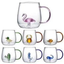 FATUBE Tazza di vetro 400ml Creativo 3D Cactus Rosa Anatra Fenicottero Animale Tazza di vetro per acqua con manico per ragazze Amanti dei bambini Regalo