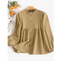 Zanzea Frauen zerkn ittert Stoff Blusas Mujer Herbst täglich elegant Knopf oben islamische Tops lässig muslimische Mode gekräuselte Trim Blusen