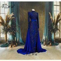 Aso Ebi Damen-Abendkleid mit langen Ärmeln und Perlen, blau, abnehmbarer Zug, 3D-Spitze, Applikationen, muslimisches Dubai, Hochzeitsparty-Kleider