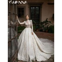 Classic Sequins Appliques Wedding Dress Modest High Collar Long Sleeve Bridal Gown Luxury A-line Long Bride Robe Robe De Mariée