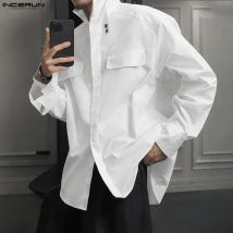 INCERUN Men Shirt Solid Color Stand Collar Long Sleeve Men Clothing Streetwear Loose Korean Style Shirts Fashion Casual Tops Men