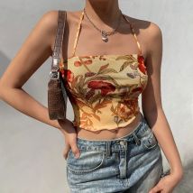 Y2K Mesh Sheer Floral T-shirt Vintage halter Tops Women Sleeveless Slim Fit Crop Top Harajuku Streetwear