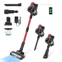 Aspirapolvere senza fili DayPlus, potente aspirapolvere da 3800 W 6 in 1 ricaricabile 21 V per peli di animali domestici in moquette per pavimenti in legno, rosso