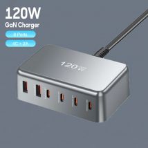Caricatore GaN USB C da 120 W Ricarica rapida da tavolo a 6 porte QC 3.0 PD 45 W Tipo C Ricarica rapida per iPhone 16 15 Tablet Samsung Smartphone