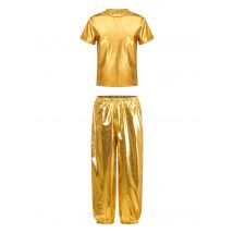 Kids Dance Party Sets Girls Boys Short Sleeve Metallic Shiny T-shirt with Pants Outfits Jazz Modern Hip Hop Performance Costume