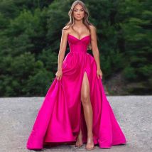 Romantische Ballkleider für Damen, Satin, A-Linie, Promi-Kleid, Fuchsia, herzförmiger Schlitz, gerüschtes Abendkleid, lang, 2025,