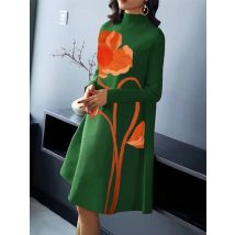 Yeezzi Vintage Elegant Floral Printed Green Dress Women 2024 New Autumn Winter Long Sleeves High Neck Party Evening Midi Dresses