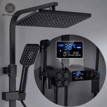 Set di rubinetti per doccia LCD termostatici neri con display della temperatura Rubinetto per vasca a pioggia con mensola del bagno Elettricità all'acqua