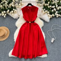 Französisch Vintage elegante ärmellose Venck Kleid A-Linie Mode Frühling Sommer Vestidos Frauen Gürtel Kleider