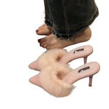 Women Warm Plush Pointed Toe High Heels Winter Mules Slipper Korean Fashion Design Thin Heels New Flip Flops Pumps Zapatos Mujer