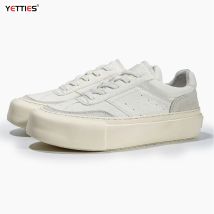 YETTIES Weiße Herrenschuhe aus echtem Leder, Herrenschuhe, Freizeitschuhe mit dicken Sohlen, modische Low-Top-Schnürsneaker