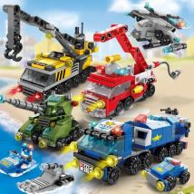 City Fire Car Bausteine für Kinder, Polizei-LKW, technischer Kran, Panzer, Hubschrauber-Steine-Set, Spielzeug für Kinder, 6 in 1