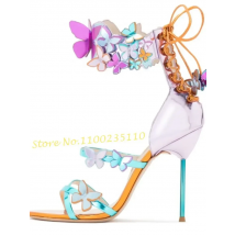 Colorful Butterfly Sandals Women Pink Sweet Heels Summer High Thin Heel Shoes Banquet Sandals Women Brand Peep Toe Lace-up Shoes