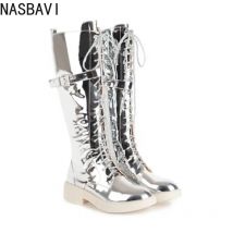 NASBAVI Neue frauen Lange Stiefel Frauen Herbst Runde Kappe Flache Bottes Frau Kniehohe Niedrigen Ferse Casual PU Leder Winter weibliche Schuhe
