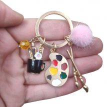 Cute Heart Drawing Board Paint Brush Pen Container Keychain Tassels Wool Ball Luxury Key Ring Women Men Student Artist Gift