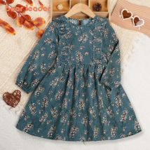 Mädchen Kleid 2025, Herbst Neue Mädchen Rundhals Rüschen Blumen Druck Langarm Kleid Kinder Mode Kleid
