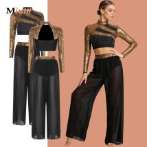 Danza classica moderna per le donne Paillettes Maglia Crop Top Pantaloni a gamba larga 2 pezzi Abiti lirici Ballerina Costume di scena per adulti
