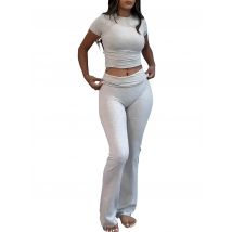 Casual Workout Two Piece Outfits for Women Short Sleeve Crop High Waist Foldover Flare Pants Tracksuit Sets Streetwear