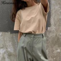 Hirsionsan Grundlegende Baumwolle T Shirt Frauen Sommer Neue Übergroßen Solide Tees 7 Farbe Beiläufige Lose T-shirt Korean O Hals Weiblich tops
