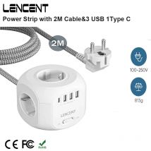 LENCENT EU-Stecker-Steckdosenleiste mit 4 AC-Steckdosen, 3 USB-Anschlüssen, 1 Typ C, 2 m/3 m geflochtenes Kabel, mehrere Steckdosen mit Schalter für Zuhause