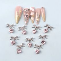 10pcs Bowknot Pink Heart Rhinestone Nails Art Decoration 3D Luxury Alloy Bow Nail Charms Nail Wholesale