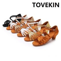 Scarpe da ballo latino da donna Suola con fondo morbido Sandali da pratica di danza per ragazze Jazz Tacco medio 3,5 cm Scarpe da ballo da sala