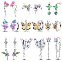 Neue Frühlings-Serie-Ohrringe für Damen, 925er Silber, Schmetterling, Libelle, vierblättriges Kleeblatt, Edelstein, Blume, Geist, Ohrstecker, edler Schmuck
