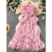 Frühling Herbst Französisch Langarm Gedruckt Chiffon Kleid mit Rüschen Rand Spleißen Taille Cinching Elegante Gefaltete Lange Kleid A205